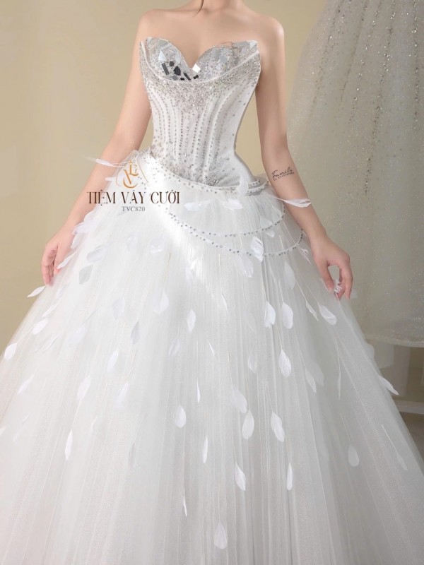TVC820 Váy Cưới Làm Lễ, Đầm Cưới Thiết Kế, Cúp Ngực, Đính Đá