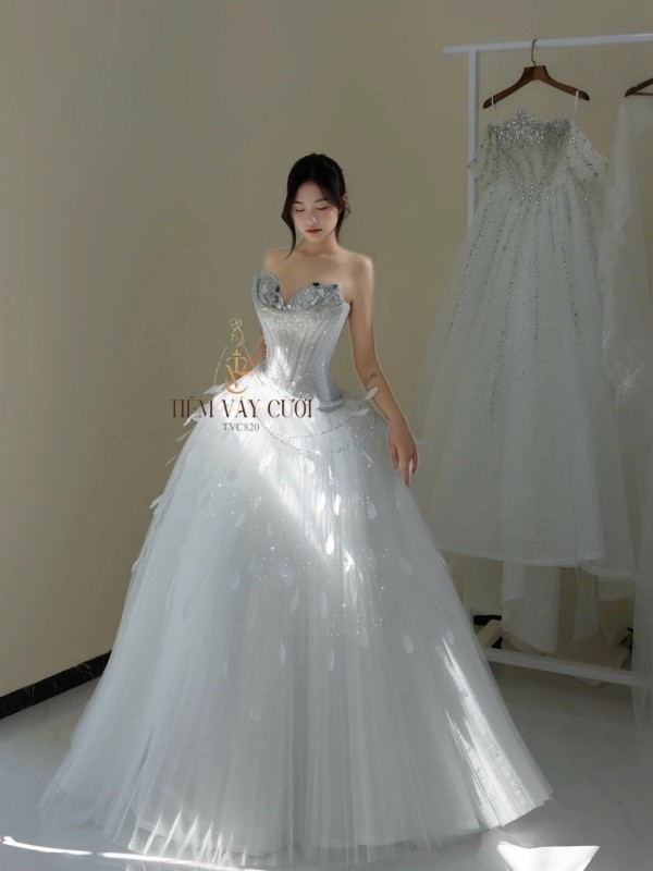 TVC820 Váy Cưới Làm Lễ, Đầm Cưới Thiết Kế, Cúp Ngực, Đính Đá