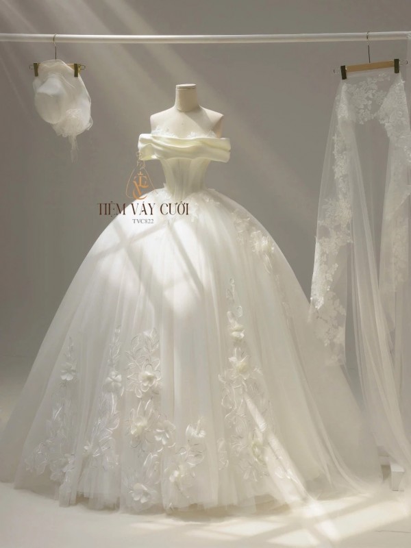 TVC822 Váy Cưới Làm Lễ, Đầm Cưới Cao Cấp, Cúp Ngực, Ngọc Trai