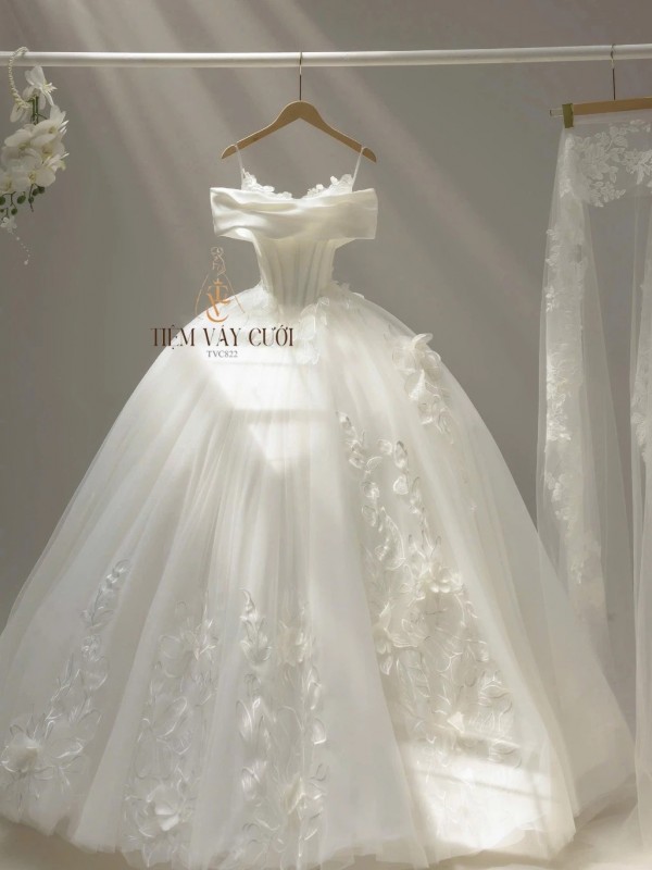 TVC822 Váy Cưới Làm Lễ, Đầm Cưới Cao Cấp, Cúp Ngực, Ngọc Trai