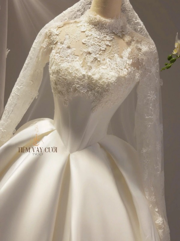 TVC823 Váy Cưới Làm Lễ, Đầm Cưới Dài Tay, Cổ Đá Rời, Tùng Bồng