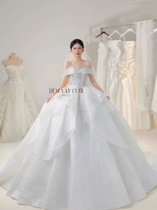 TVC827 Váy Cưới Làm Lễ, Đầm Cưới Đi Tiệc, Voan, Bệt Vai Ngang, Tùng Bồng