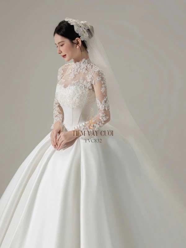 TVC832 Váy Cưới Làm Lễ, Đầm Cưới Đi Tiệc, Dài Tay Phối Vải Ren Lưới Hoa, Cổ Ren