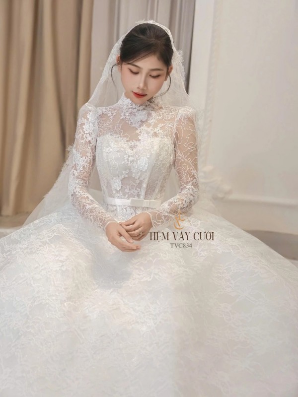 TVC834 Váy Cưới Làm Lễ, Đầm Cưới Đi Tiệc, Dài Tay, Kim Tuyến