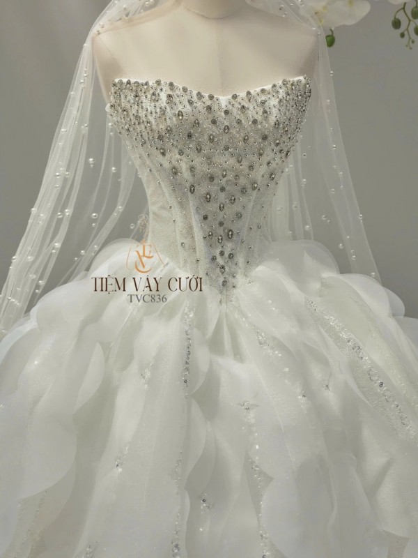 TVC836 Váy Cưới Làm Lễ, Đầm Cưới Đi Tiệc, Nơ 3D, Cúp Ngực