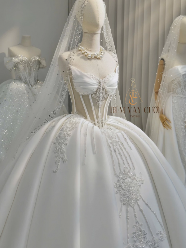 TVC848 Váy Cưới Làm Lễ, Váy Cưới Cô Dâu, Đầm Cưới Đi Tiệc, Gọng Corset, Cúp Ngực, Phi, Xếp Ly, Tùng Bồng