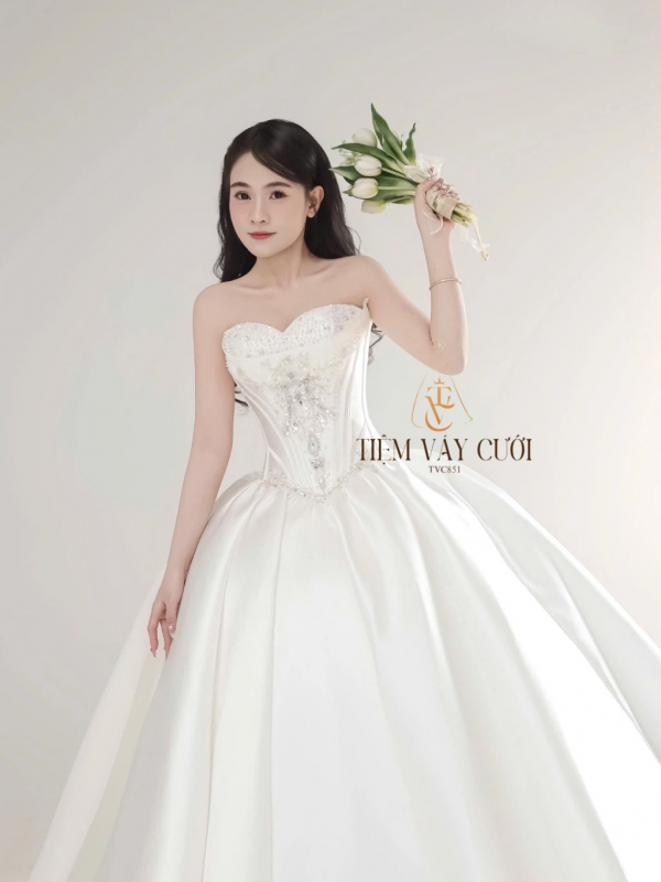 TVC851 Váy Cưới Làm Lễ, Váy Cưới Cô Dâu, Đầm Cưới Đi Tiệc, Cúp Ngực, Tùng Bồng, Xếp Ly