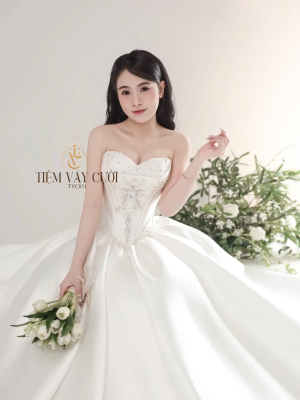 TVC851 Váy Cưới Làm Lễ, Váy Cưới Cô Dâu, Đầm Cưới Đi Tiệc, Cúp Ngực, Tùng Bồng, Xếp Ly