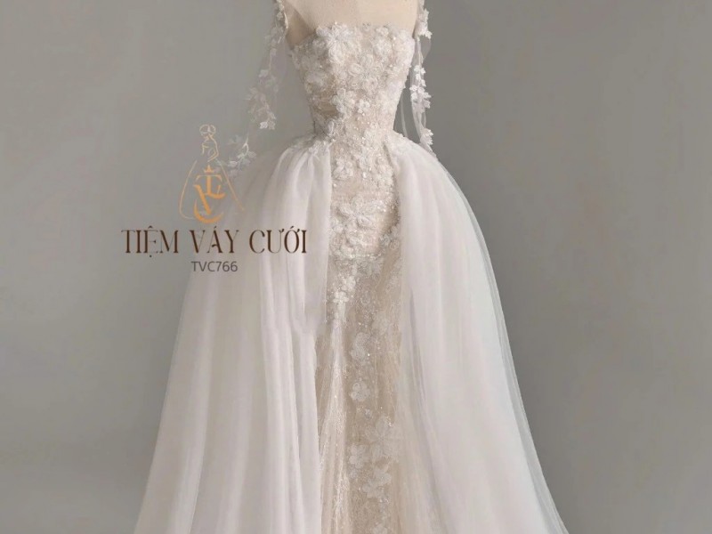 TVC766 Váy Cưới Đi Bàn, Đầm Cưới Đuôi Cá, Cúp Ngực, Xếp Ly