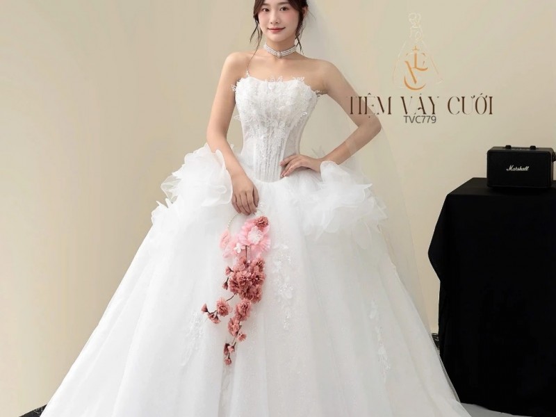 TVC779 Váy Cưới Đi Tiệc, Đầm Cưới Dáng Xuông, Cúp ngực, Xếp Tầng