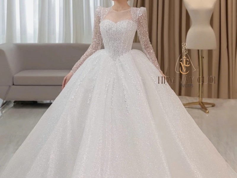 TVC795 Váy Cưới Làm Lễ, Đầm Cưới Đi Tiệc, Dài Tay, Kim Sa, Cúp Ngực, Tùng Bồng