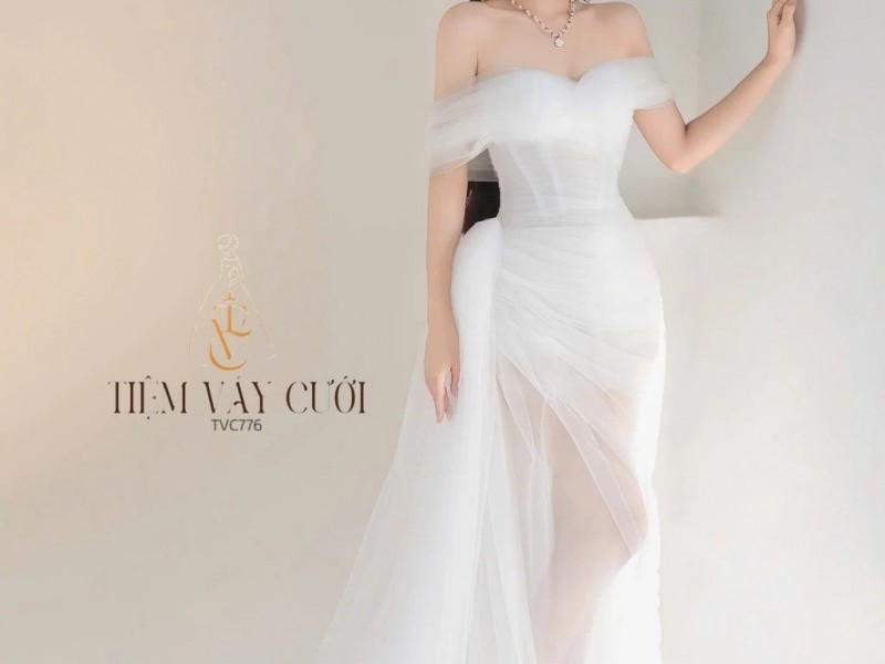 TVC796 Váy Cưới Đi Bàn, Đầm Cưới Đuôi Cá, Voan, Tà Lệch