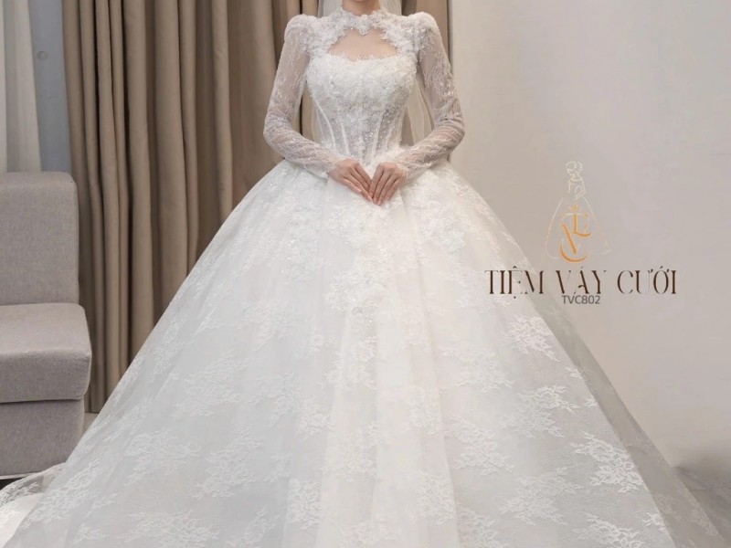 TVC802 Váy Cưới Làm Lễ, Đầm Cưới Đi Tiệc, Dài Tay, Cổ Cao