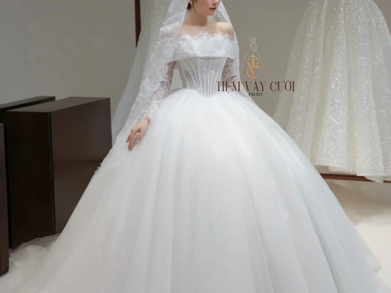 TVC812 Váy Cưới Làm Lễ, Đầm Cưới Đi Tiệc, Bệt Vai Ngang, Ren, Tùng Bồng