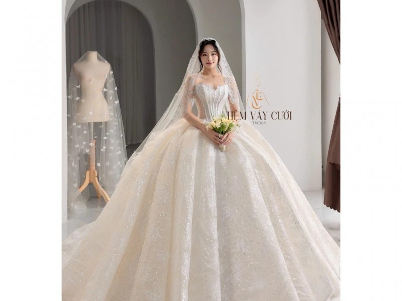 TVC815 Váy Cưới Làm Lễ, Váy Cưới Tiệc Cúp Ngực, Vải Phi Nhật, Ren, Váy Thiết Kế