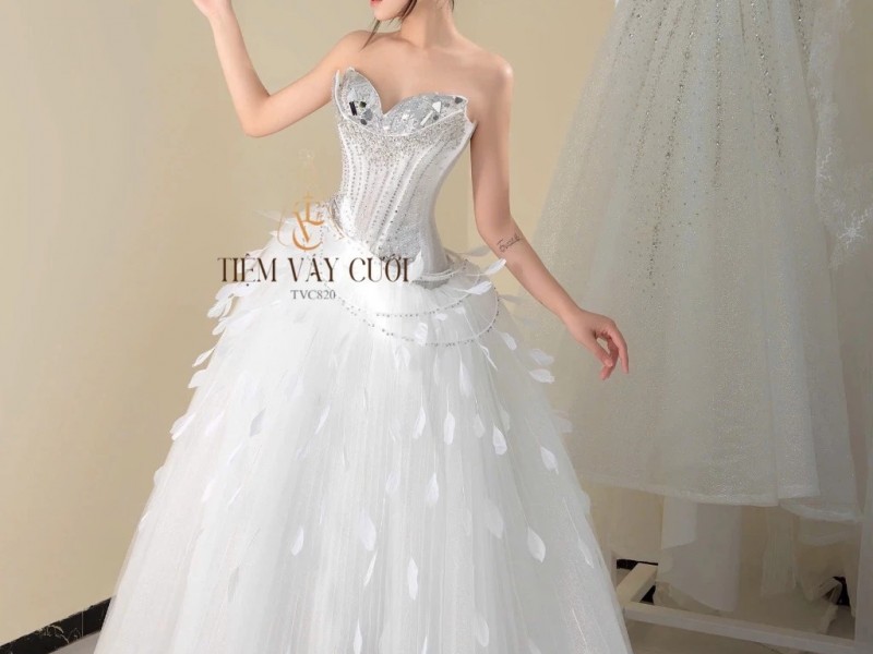 TVC820 Váy Cưới Làm Lễ, Đầm Cưới Thiết Kế, Cúp Ngực, Đính Đá