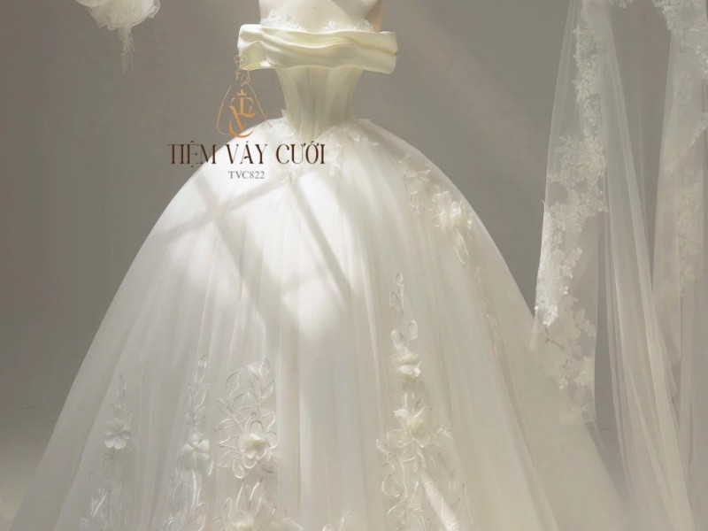 TVC822 Váy Cưới Làm Lễ, Đầm Cưới Cao Cấp, Cúp Ngực, Ngọc Trai