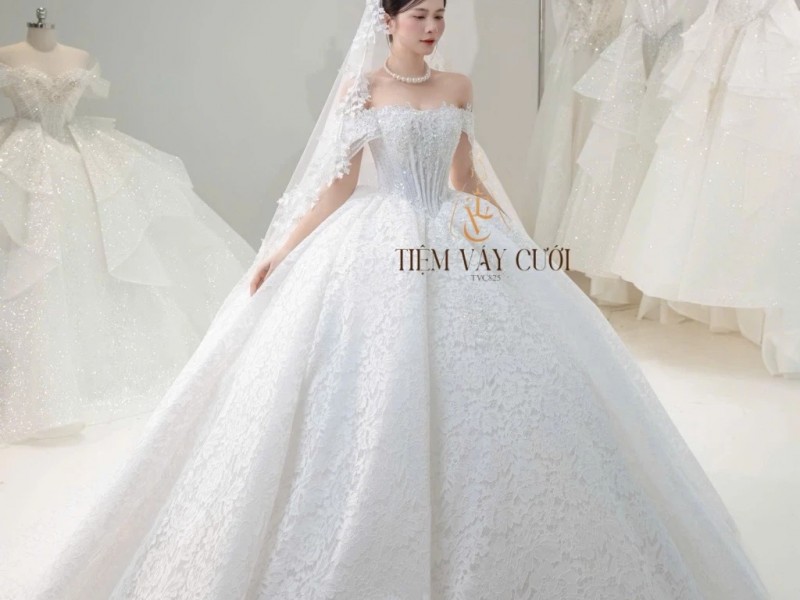 TVC825 Váy Cưới Làm Lễ, Đầm Cưới Tiệc, Trễ Vai, Đính Đá