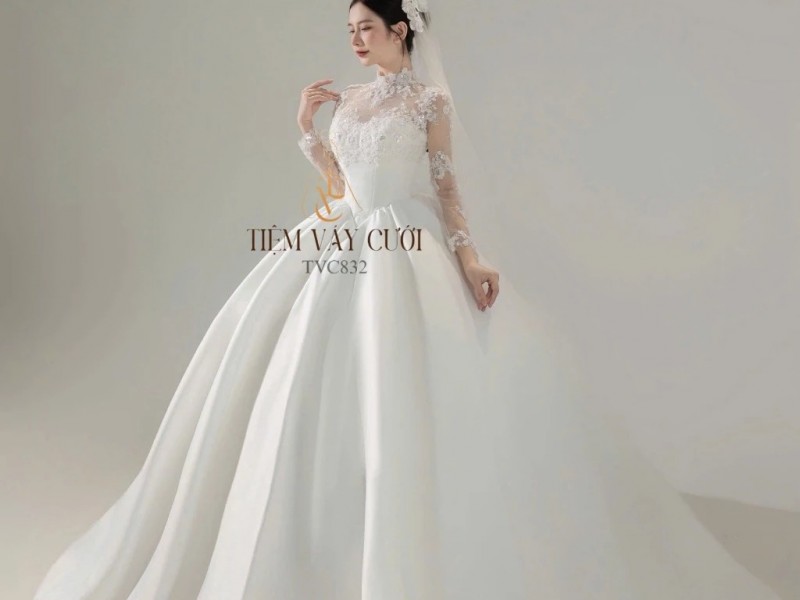 TVC832 Váy Cưới Làm Lễ, Đầm Cưới Đi Tiệc, Dài Tay Phối Vải Ren Lưới Hoa, Cổ Ren