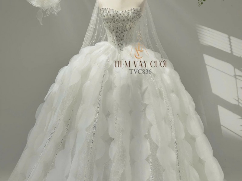 TVC836 Váy Cưới Làm Lễ, Đầm Cưới Đi Tiệc, Nơ 3D, Cúp Ngực